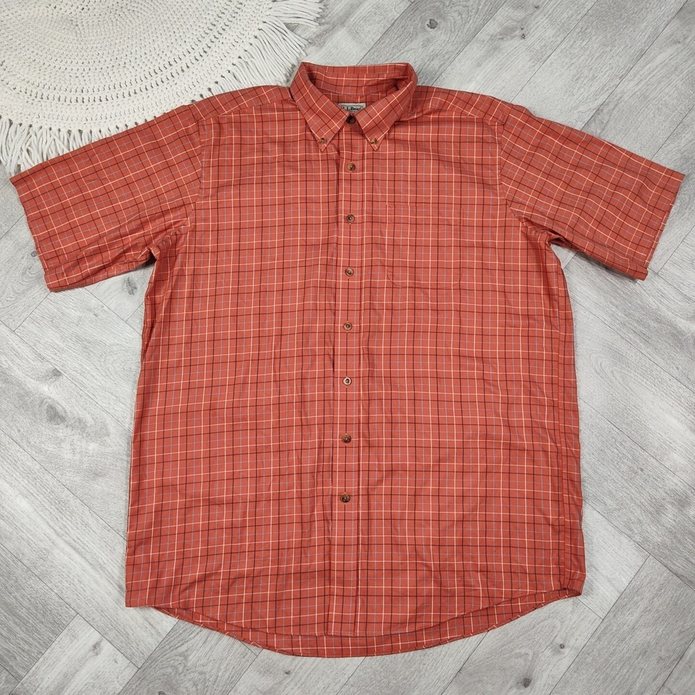 LL Bean Men's XL Tall Traditional Fit Orange Plaid Long Sleeve Button Up Cotton